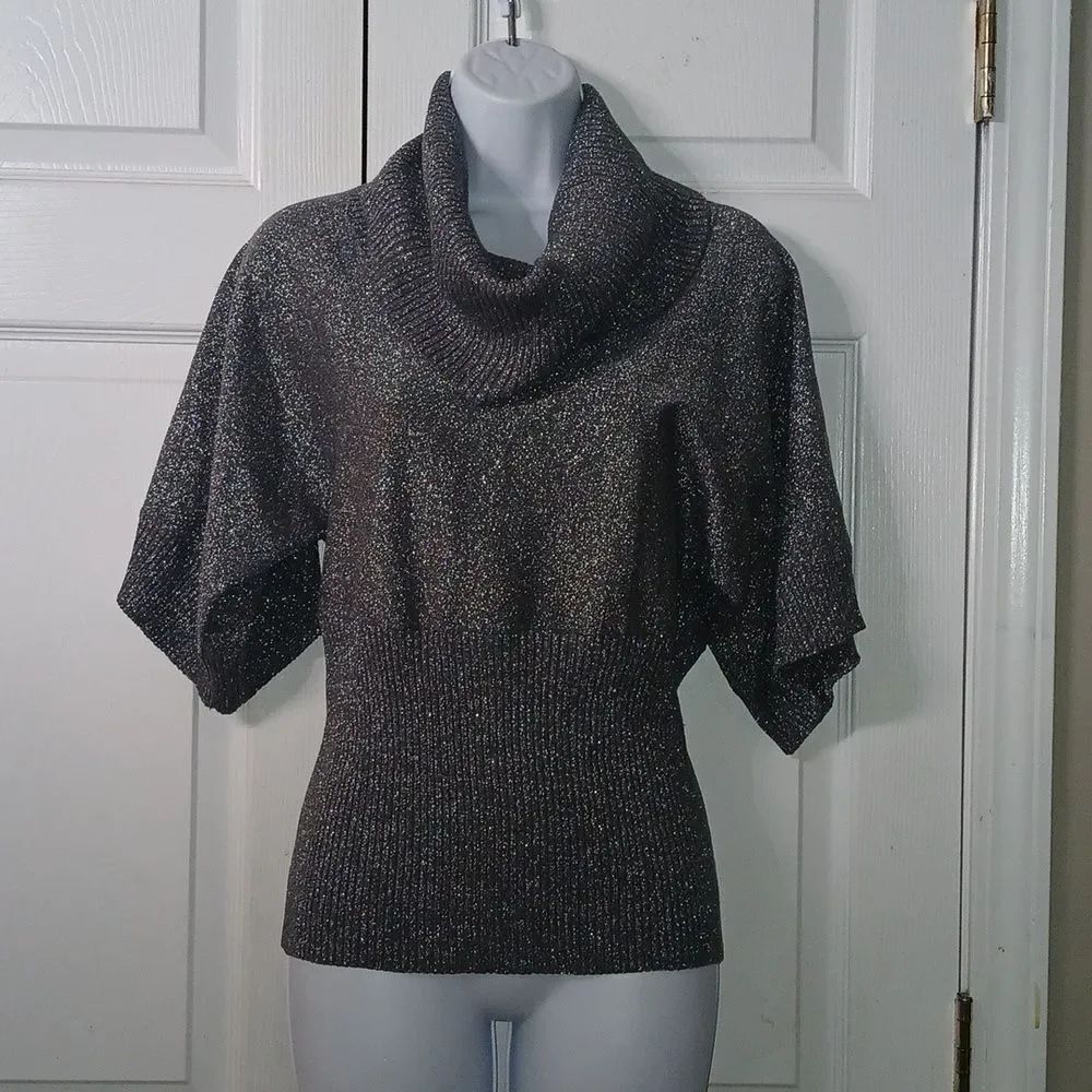 Cable & Gauge gray silver metallic cowl neck silk blend sweater Sz M NWOT
